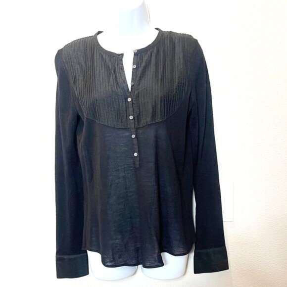 Theory Black Wool Blend Henley Long Sleeve Blouse Pleated Yoke Top Medium - Picture 2 of 8